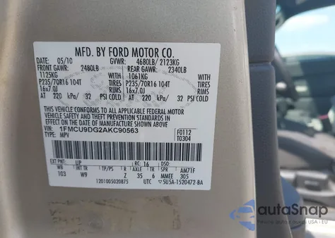 2010 Ford Escape Xlt z USA, uszkodzony, nr VIN 1FMCU9DG2AKC90563